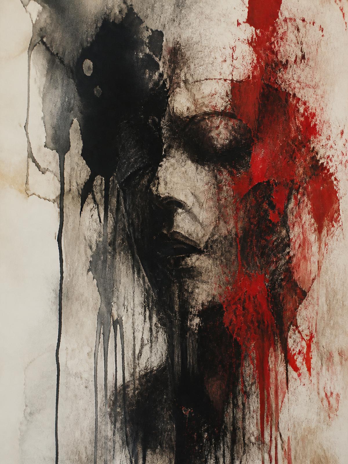 Abstract mixed media artwork in charcoal, ink and crimson pigment