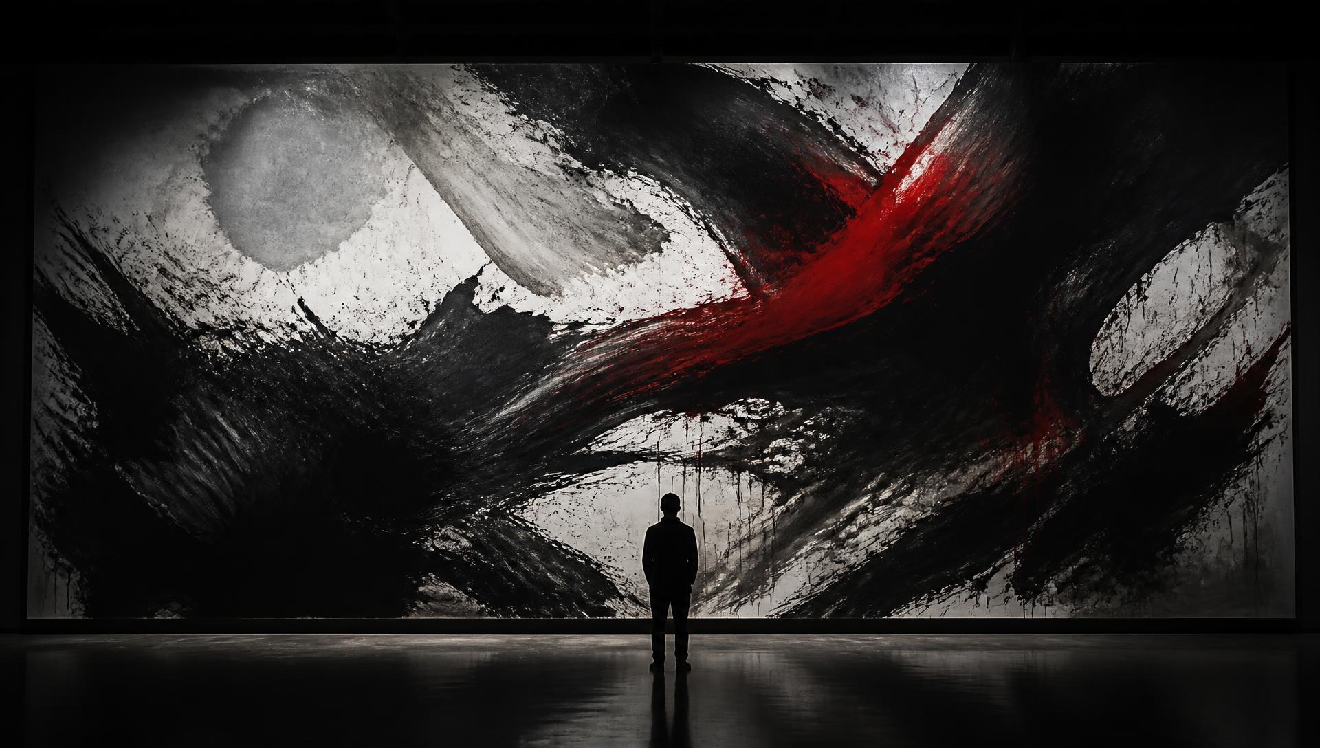 Large-scale abstract ink painting installed in a dark space